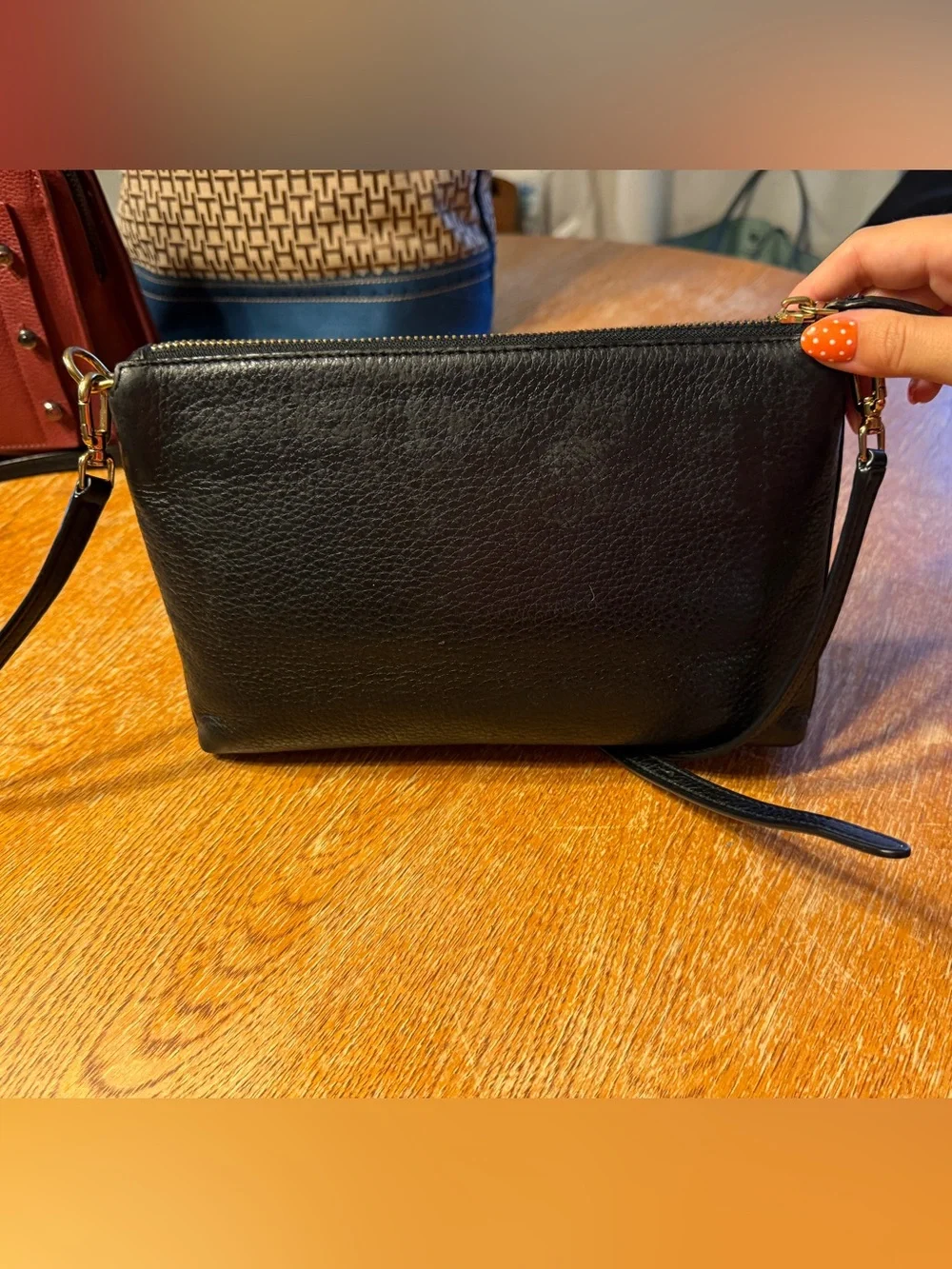 Tory Burch Black Pebbled Leather Wristlet with Gold Logo
